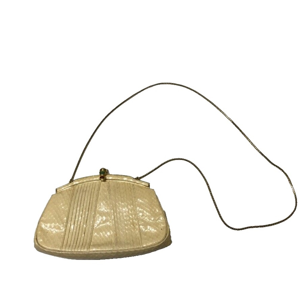 Judith Leiber Cocktail Purse Yellow Snake Skin Stone Embellishments Gold Strap